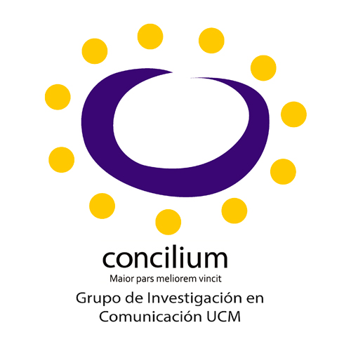 Logo del grupo de investigación en comunicación UCM con círculos amarillos y morados.